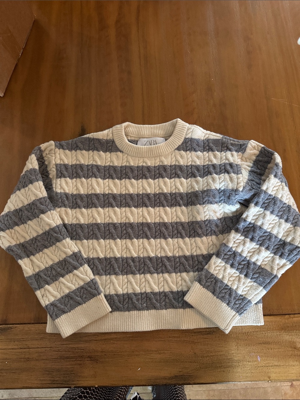 Zara kids Cream and Gray Striped Cable Crewneck Sweater 9-10